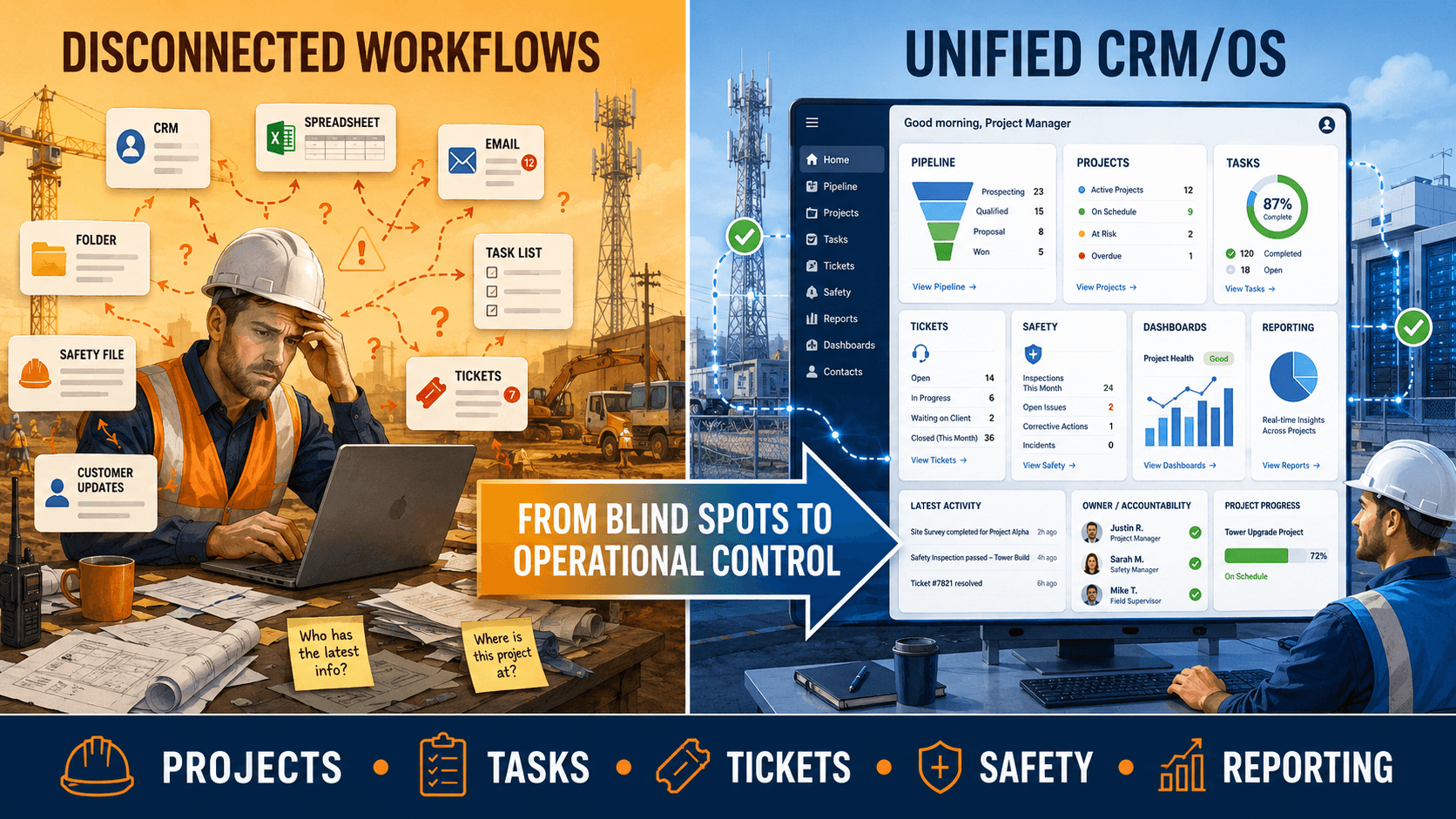 From disconnected construction workflows to unified CRM/OS operational control across projects, tasks, tickets, safety, and reporting